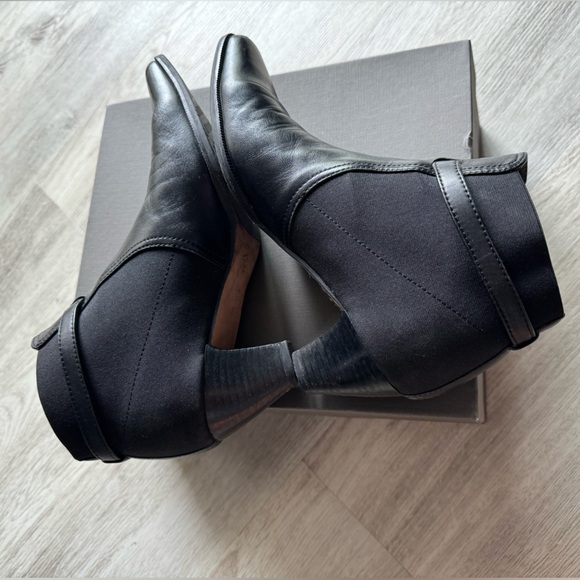 Vintage Italian Domin Nappa Black Leather Booties Stretch Fabric Buckle Details - Picture 4 of 10